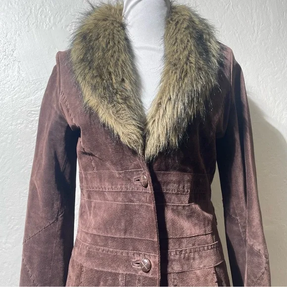 Wilsons Leather suede Brown Trench Coat with Faux Fur Collar - Picture 9 of 12